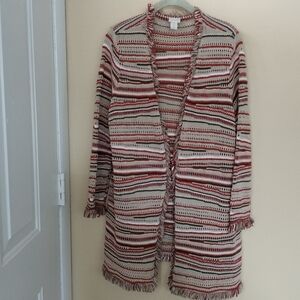 Chicos Striped Red Beige Fringe Light Cardigan Sweater L Boho Western Office